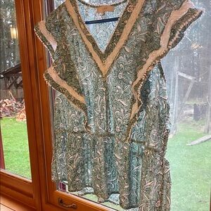 LOFT Mint Floral Blouse with Lace Trim